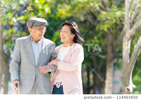 Senior couple walking with walking sticks, green Senior couple walking with walking sticks, green 114403850