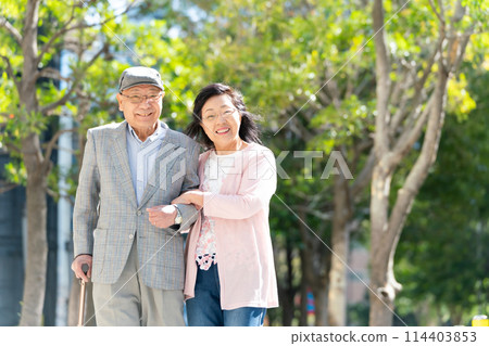 拄著綠色拐杖行走的老夫婦 114403853