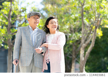 拄著綠色拐杖行走的老夫婦 114403861