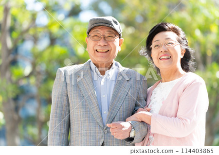 拄著綠色拐杖行走的老夫婦 114403865