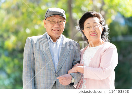 Senior couple walking with walking sticks, green Senior couple walking with walking sticks, green 114403868