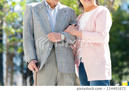 Senior couple walking green no faces 114403872