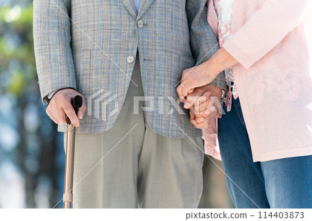 Senior couple walking green no faces 114403873