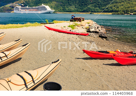Kayaks and cruise ship in Flam, Norway 114403968