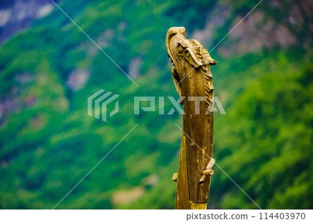 Part of old wooden viking boat in norwegian nature 114403970