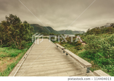 Walkway and fjord landscape, Lofoten Norway 114404013