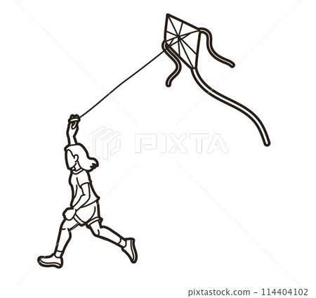 A Girl Running Fly a Kite Child Playing Cartoon Sport Graphic Vector 114404102