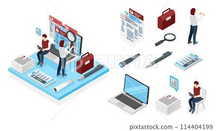 Recruiting agency isometric cartoon icons with illustration set 114404199