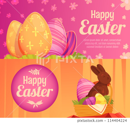 Hand drawn flat cartoon easter horizontal banner template collection with easter eggs and chocolat rabbit 114404224