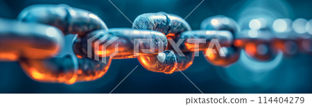 Three dimensional panoramic view of chain on dark background. Blockchain concept. Three dimensional panoramic view of chain on dark background. Blockchain concept. 114404279