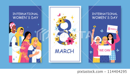 Hand drawn flat women day women day vertical greetings card collection with female characters protesting Hand drawn flat women day women day vertical greetings card collection with female characters protesting 114404295