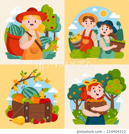 Hand drawn flat fruit harvest mini illustration set with people collecting fruits Hand drawn flat fruit harvest mini illustration set with people collecting fruits 114404322