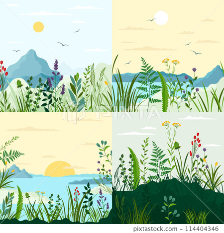 Hand drawn flat herbs and grasses composition set Hand drawn flat herbs and grasses composition set 114404346