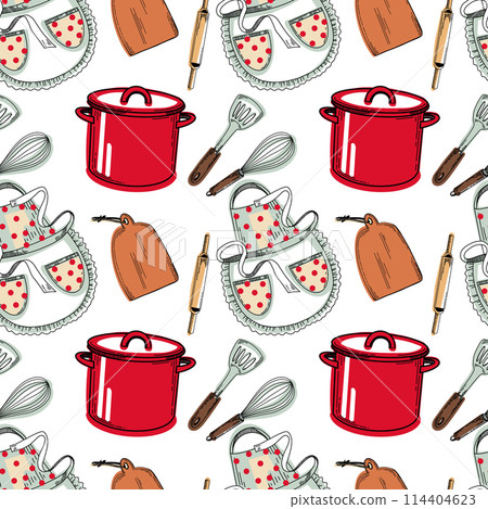 Seamless pattern with kitchen utensils. Red saucepan, polka dot apron, dough rolling pin, board, whisk and spatula. Drawn in vector in black, red, brown. For kitchen, textiles, design. Seamless pattern with kitchen utensils. Red saucepan, polka dot apron, dough rolling pin, board, whisk and spatula. Drawn in vector in black, red, brown. For kitchen, textiles, design. 114404623