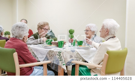 Senior women having lunch together at dining table in nursing home 114405028