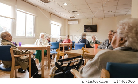 Elderly men and women sitting in nursing home canteen 114405060