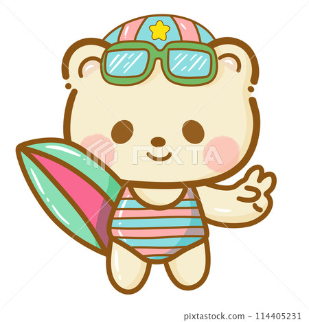 Handdrawn illustration Cute kawaii yellow teddy bear summertime beach summer travel vacation clipart greeting card party invitation Handdrawn illustration Cute kawaii yellow teddy bear summertime beach summer travel vacation clipart greeting card party invitation 114405231