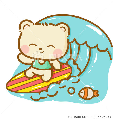 Handdrawn illustration Cute kawaii yellow teddy bear summertime beach summer travel vacation clipart greeting card party invitation 114405235