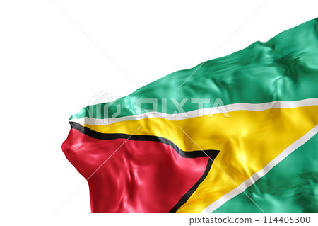 Realistic flag of Guyana with folds, isolated on white background. Footer, corner design element. Cut out. Perfect for patriotic themes or national event promotions. Empty, copy space. 3D render. 114405300