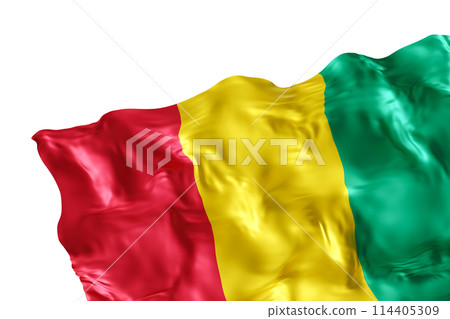 Realistic flag of Guinea with folds, isolated on white background. Footer, corner design element. Cut out. Perfect for patriotic themes or national event promotions. Empty, copy space. 3D render. 114405309