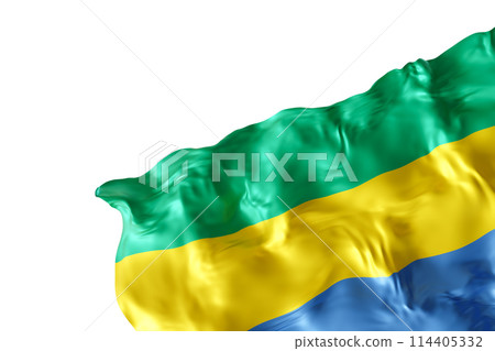 Realistic flag of Gabon with folds, isolated on white background. Footer, corner design element. Cut out. Perfect for patriotic themes or national event promotions. Empty, copy space. 3D render. 114405332
