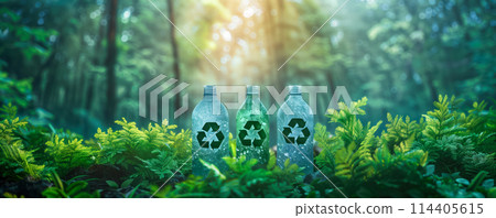 View of empty plastic bottles standing on the blurred background of forest. Environmental protection concept. View of empty plastic bottles standing on the blurred background of forest. Environmental protection concept. 114405615