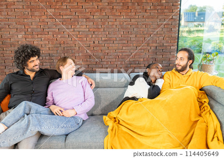 Multicultural Friends Enjoying Relaxed Time on Sofa 114405649