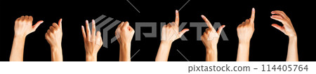 Set of woman hands showing different gestures, pointing and showing signs 114405764