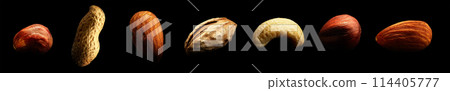 Group of nuts isolated on black background. Close-up Group of nuts isolated on black background. Close-up 114405777