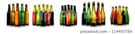 Set of beer, wine and champagne bottles isolated on white background 114405789