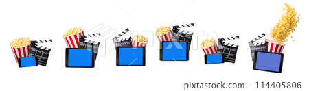 Flying popcorn, film clapper board and phone isolated on white background 114405806
