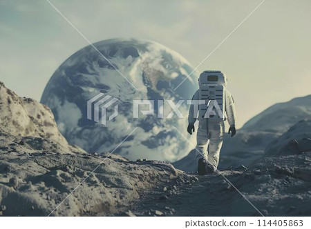 Astronaut on the moon. Science fiction art. Mixed media 114405863