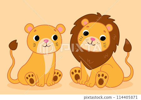 Cute cartoon lion and lioness. Illustration for children. Vector illustration Cute cartoon lion and lioness. Illustration for children. Vector illustration 114405871