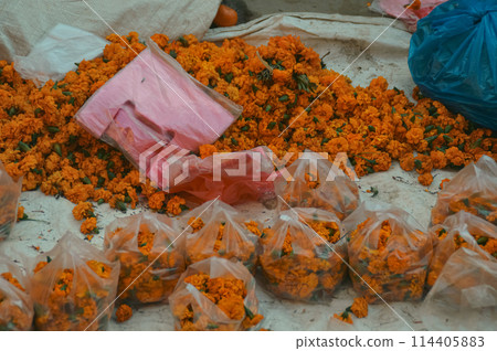 Heaps of bright orange marigold flowers sold by bags to be used as garlands for sacred Hindu religious offerings and ritual Heaps of bright orange marigold flowers sold by bags to be used as garlands for sacred Hindu religious offerings and ritual 114405883