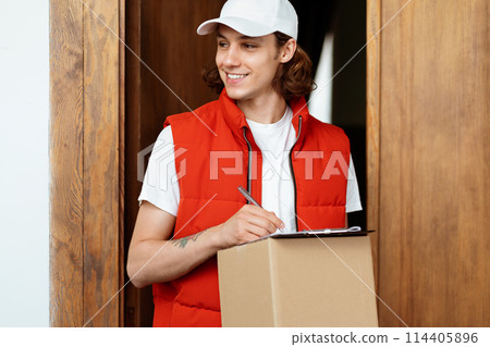 Delivery Man With Package And Clipboard Smiling 114405896