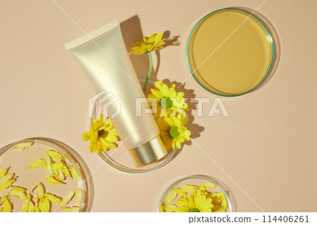 A blank label cosmetic tube with silver color and golden cap to advertise product extracted from calendula flower. Lab glassware decorated around, top view photo A blank label cosmetic tube with silver color and golden cap to advertise product extracted from calendula flower. Lab glassware decorated around, top view photo 114406261