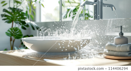 Background with accident in the bathroom as water splashing from the sink. 114406294