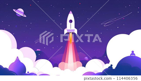Pastel Space rocket launch in the night sky. Flat style. Start up business and Space travel concept. Pastel Space rocket launch in the night sky. Flat style. Start up business and Space travel concept. 114406356