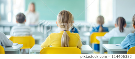 Children sitting at the classroom and studying. Concept back to school. Children sitting at the classroom and studying. Concept back to school. 114406383