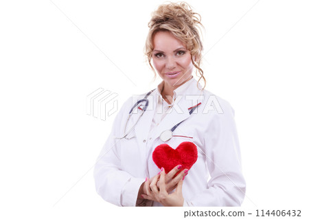Female cardiologist with red heart. Female cardiologist with red heart. 114406432