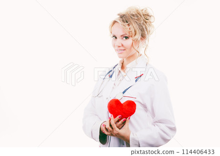 Female cardiologist with red heart. Female cardiologist with red heart. 114406433