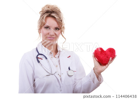 Female cardiologist with red heart. 114406438