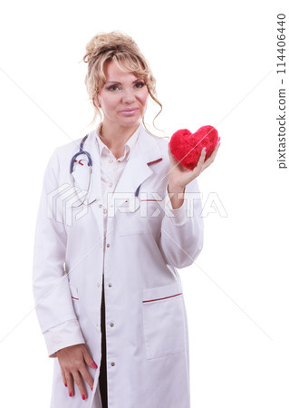 Female cardiologist with red heart. Female cardiologist with red heart. 114406440