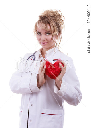 Female cardiologist with red heart. 114406441