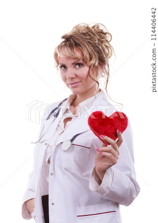 Female cardiologist with red heart. Female cardiologist with red heart. 114406442