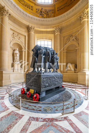The final resting place of Marshal Foch, located inside the historic Les Invalides in Paris, adorned with wreaths and sculptures. Paris, France 114406505