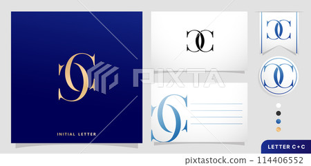a set of business cards with the letter CC Luxury Initial Letters C and C Logos Designs in Blue Colors for branding ads campaigns, letterpress, embroidery, covering invitations, envelope sign symbols 114406552