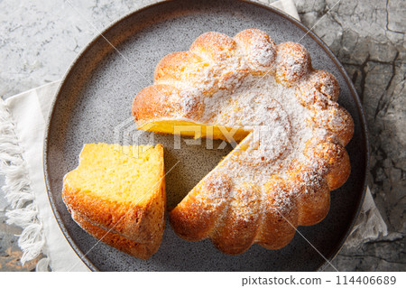 Moist Orange Pound Cake with Orange Zest close-up on a plate. Horizontal top view 114406689