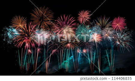 Lots of colorful fireworks background 114406835