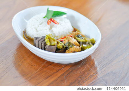 chicken curry , yellow curry chicken or chicken feet soup with rice chicken curry , yellow curry chicken or chicken feet soup with rice 114406931